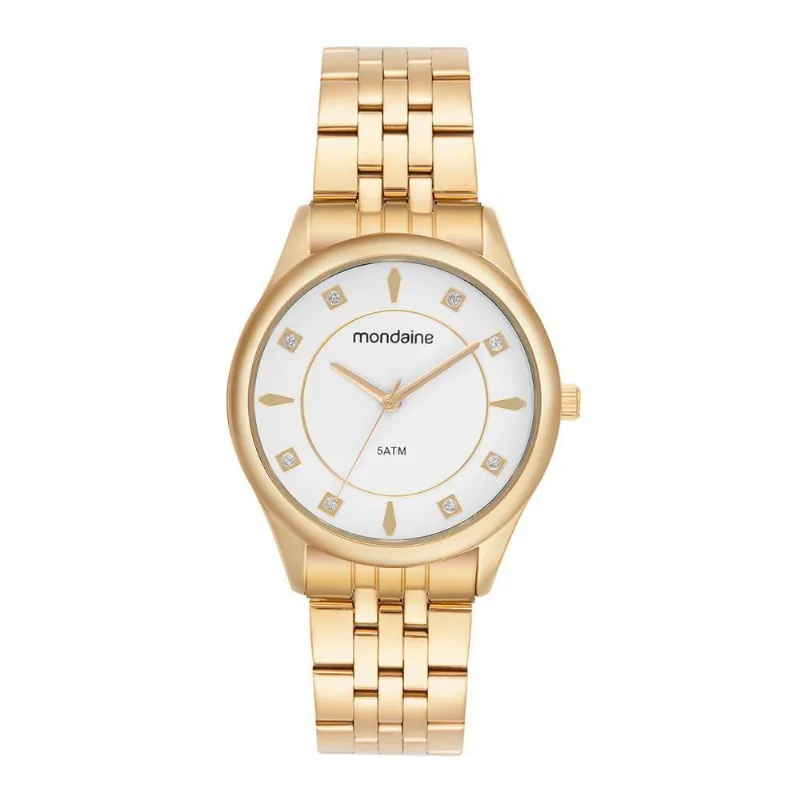 Relógio Feminino Aço Mostrador Branco Analógico em Aço Inox com Fecho Dobrável Mondaine 40MM