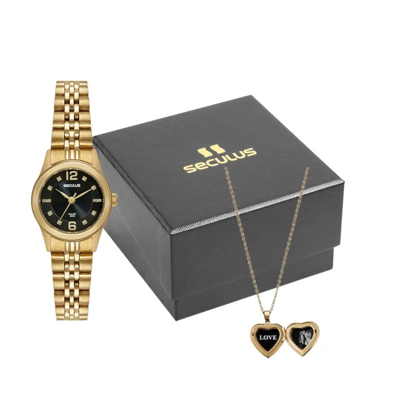 Kit Relógio Feminino Cristais Dourado com Colar Coração