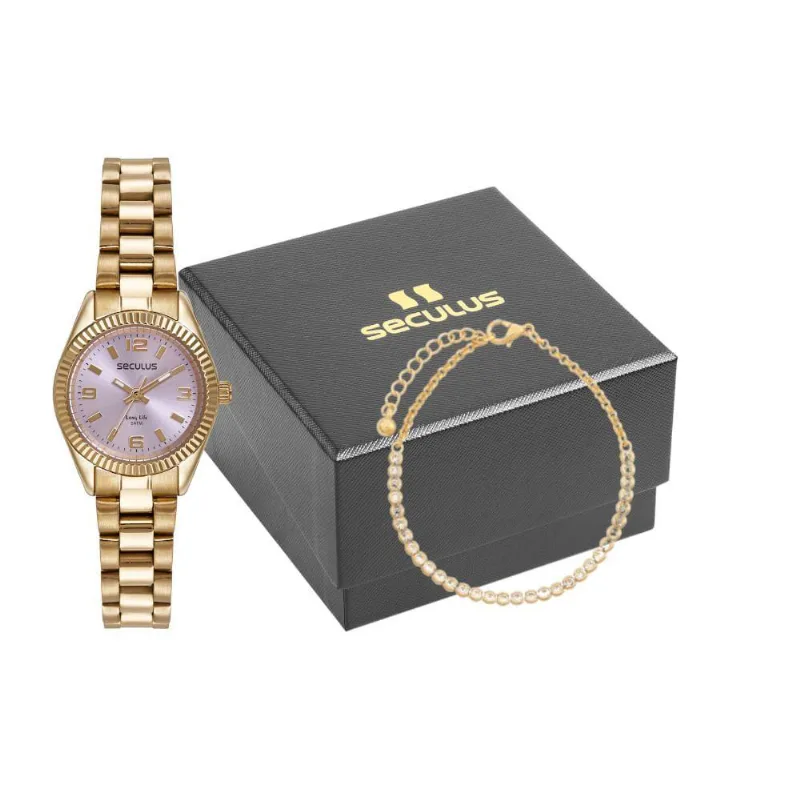 Kit Relógio Feminino Catraca Facetada com Pulseira Aço Dourado Séculus