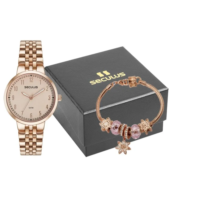 Kit Relógio Feminino Cristais Rosé com Pulseira Berloques