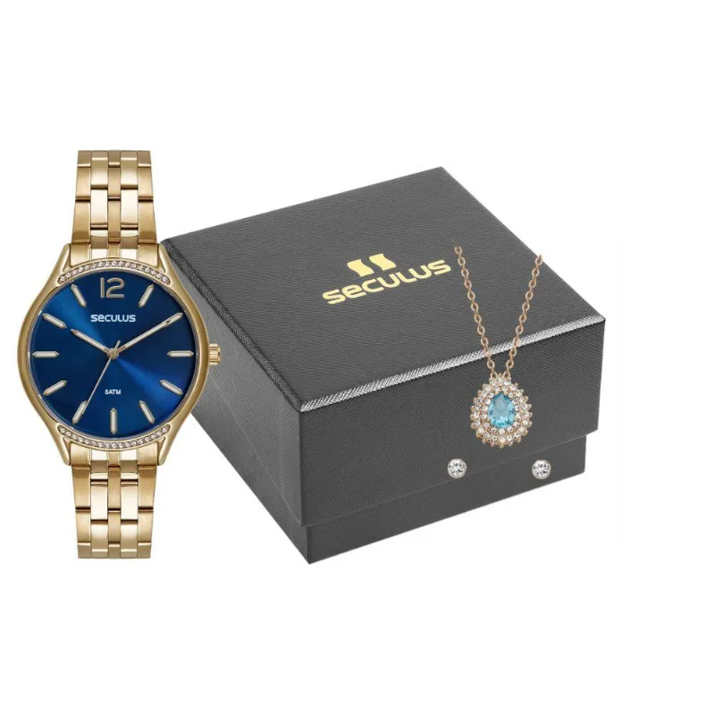 Kit Relógio Feminino Navy Analógico Aço Inox Dourado com Colar e Brincos