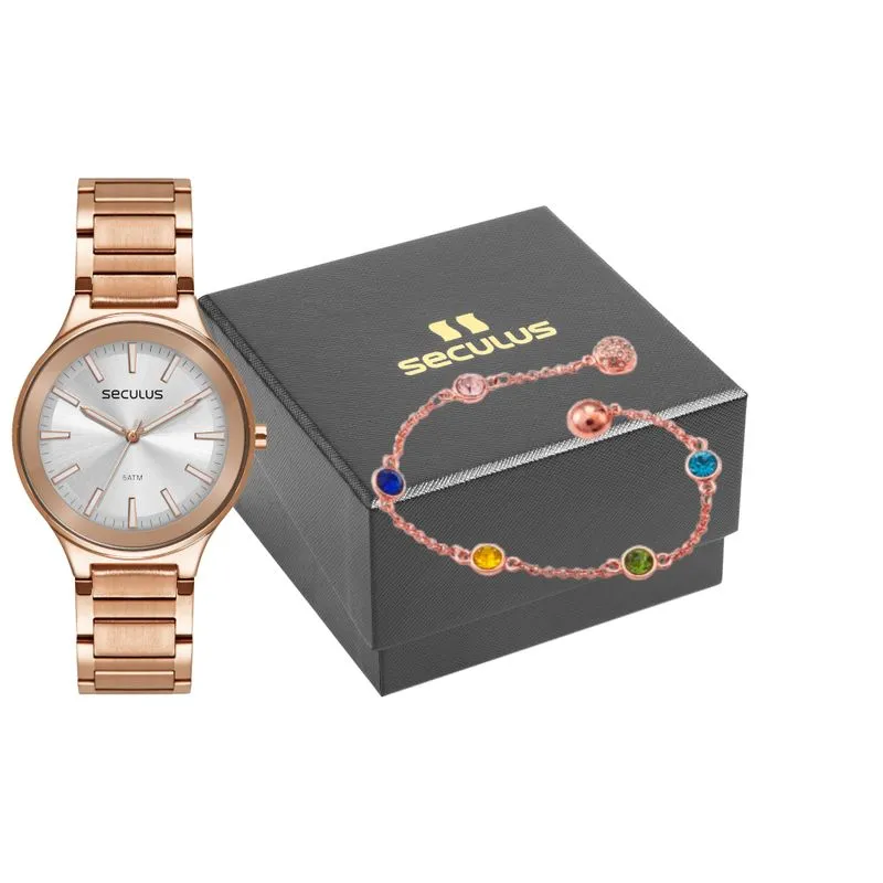 Kit Relógio Feminino Casual Rosé com Pulseira Colorida