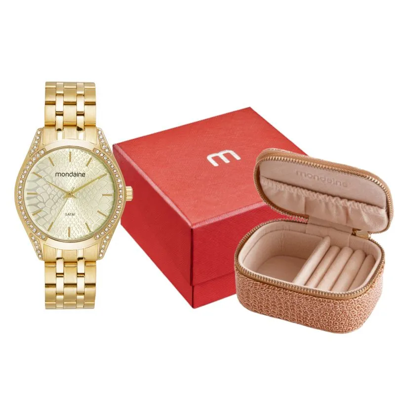 Kit Relógio Feminino Dourado Estampa Delicada Porta-Jóias