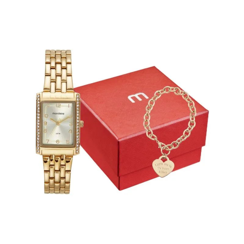 Kit Relógio Feminino Dourado Quadrado Com Pulseira Coração