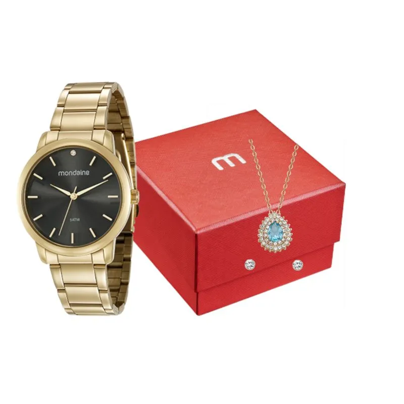 Kit Relógio Feminino Dourado Colar Gota de Cristal e Brincos