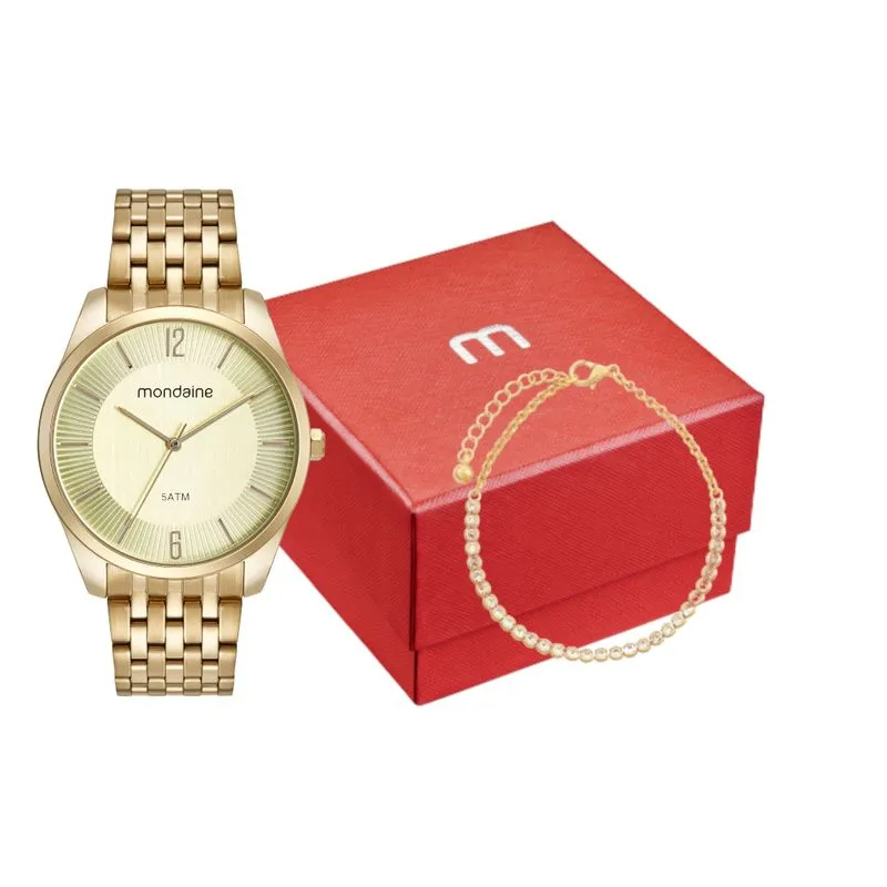 Kit Relógio Feminino Dourado Com Pulseira de Cristais