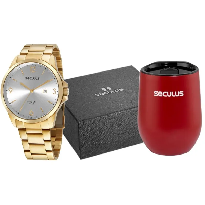 Kit Relógio Masculino Dourado Aço com Copo Térmico