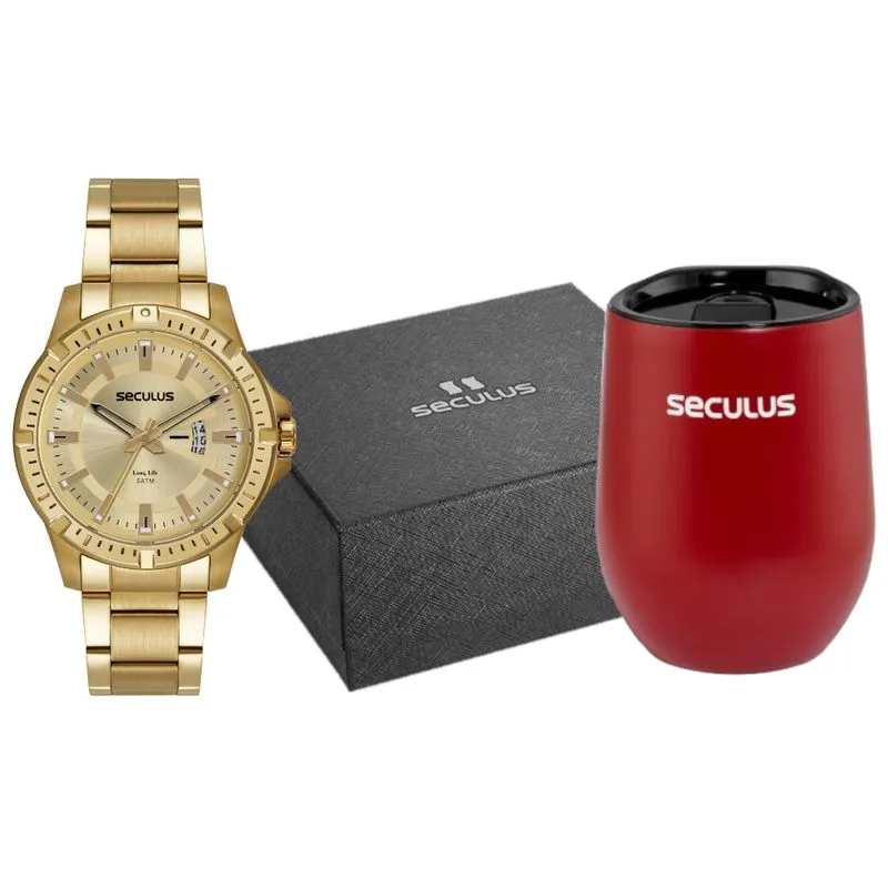 Kit Relógio Masculino Calendário Aço Dourado Copo Térmico