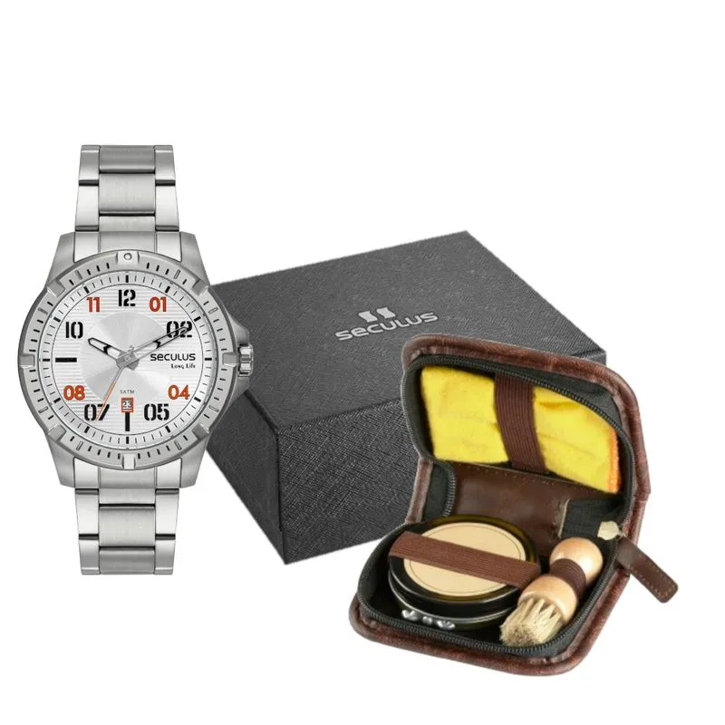 Kit Relógio Masculino Aço Casual Prata com Kit Engraxar