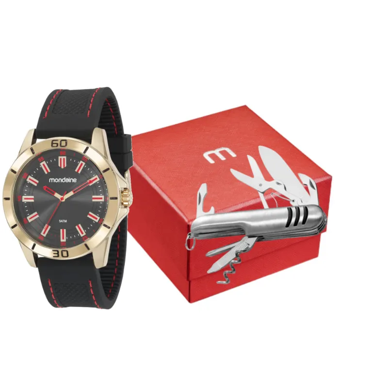Kit Relógio Masculino Dourado Com Canivete Multifuncional