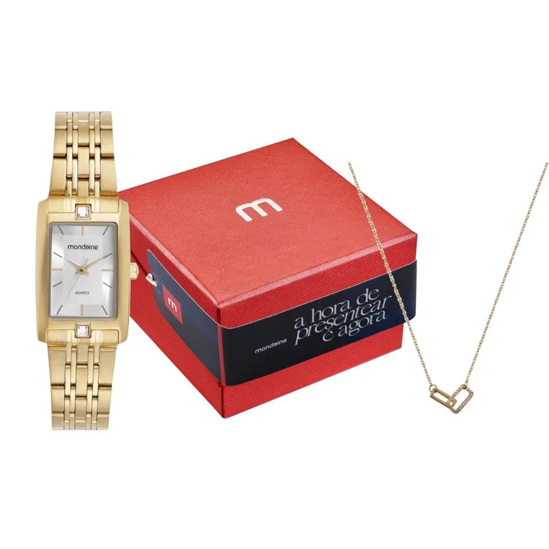 Kit Relógio Feminino Quadrado Cristal Dourado com Colar