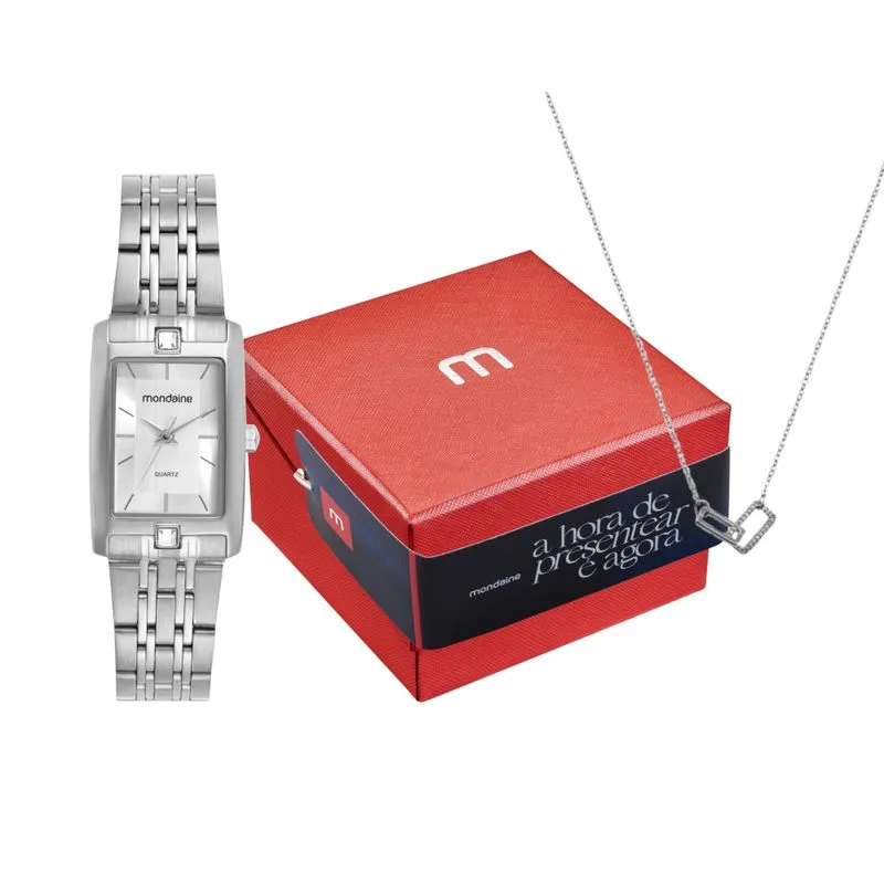Kit Relógio Feminino Quadrado Cristal Cromado com Colar