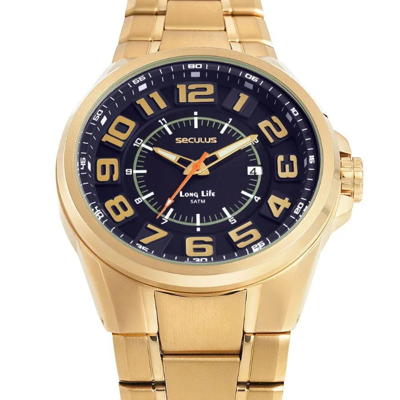 Relógio Masculino Numeração Aro Rampado 3d Analógico Metal Dourado Acionamento Lateral Séculus