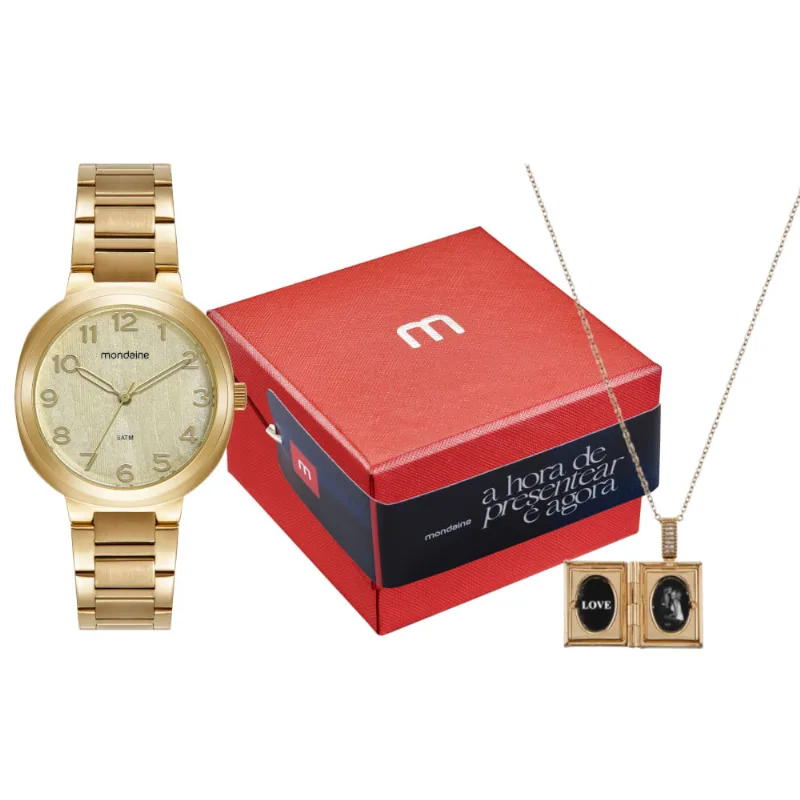 Kit Relógio Feminino Dourado Textura Metálica Escapulário