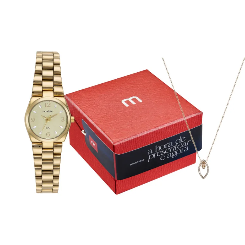 Kit Relógio Feminino Dourado Aço Escovado com Colar Cristais