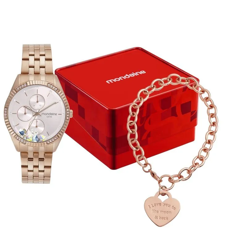 Kit Relógio Feminino Rose Gold Multifunção Aço Pulseira