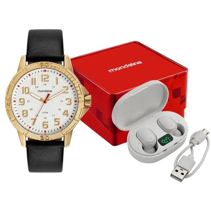 Kit Relógio Masculino Prata Couro Sintético