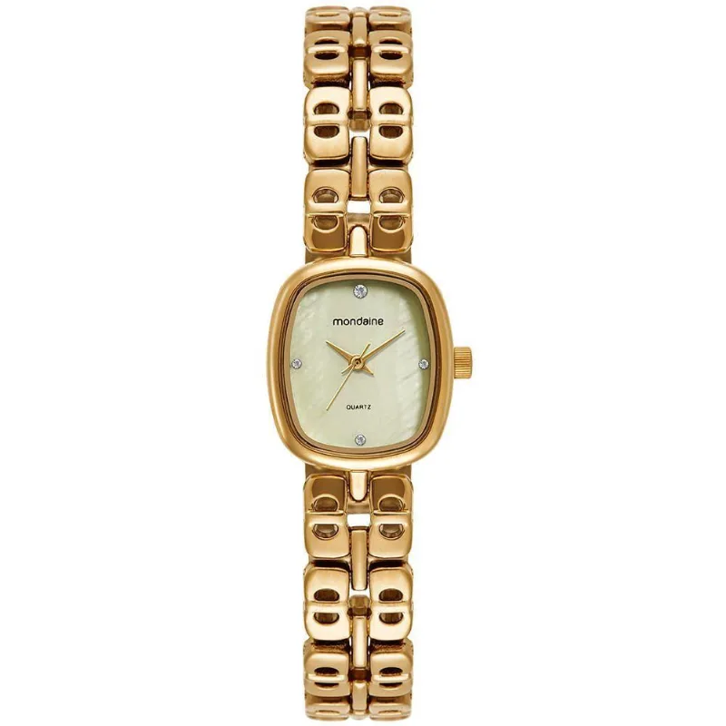 Relógio Feminino Moda Clássico com Pulseira de Metal Dourado Madrepérola Mondaine