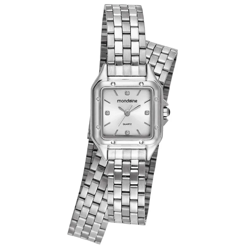 Relógio Feminino Prata Aço Quadrado 23mm Index Completo