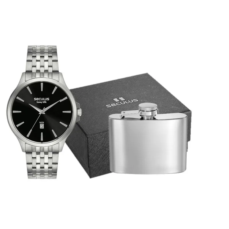 Kit Relógio Masculino em Aço Prata Mostrador Preto Cantil