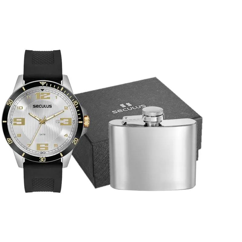 Kit Relógio Masculino Prata Pulseira de Silicone com Cantil