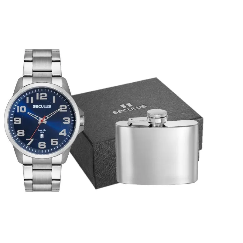 Kit Relógio Masculino Analógico em Aço Inox Prata Mostrador Azul com Cantil Séculus