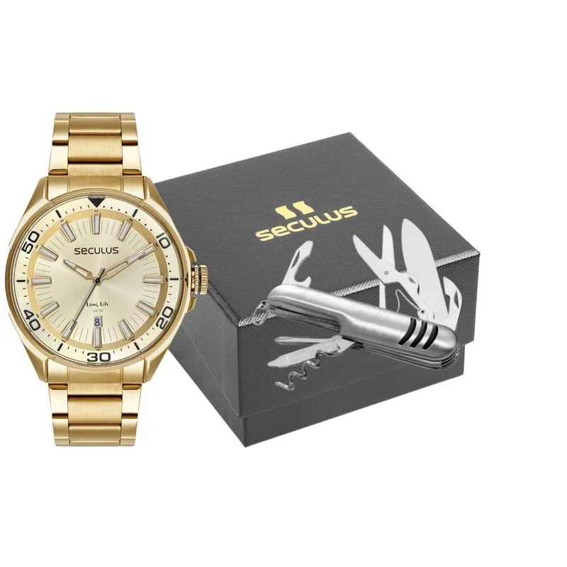 Kit Relógio Masculino em Aço Dourado com Canivete