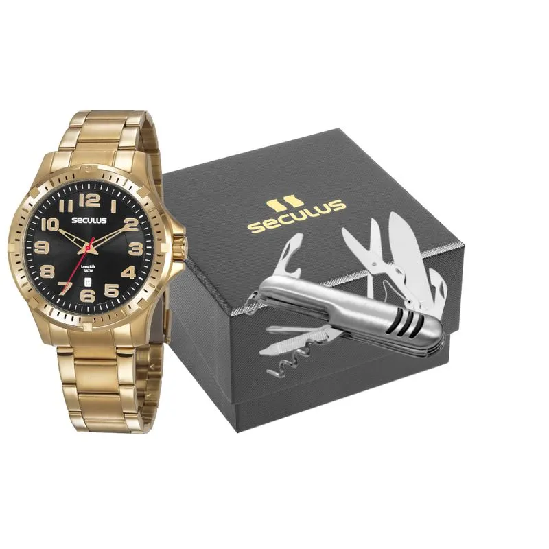 Kit Relógio Masculino Dourado Mostrador Preto com Canivete