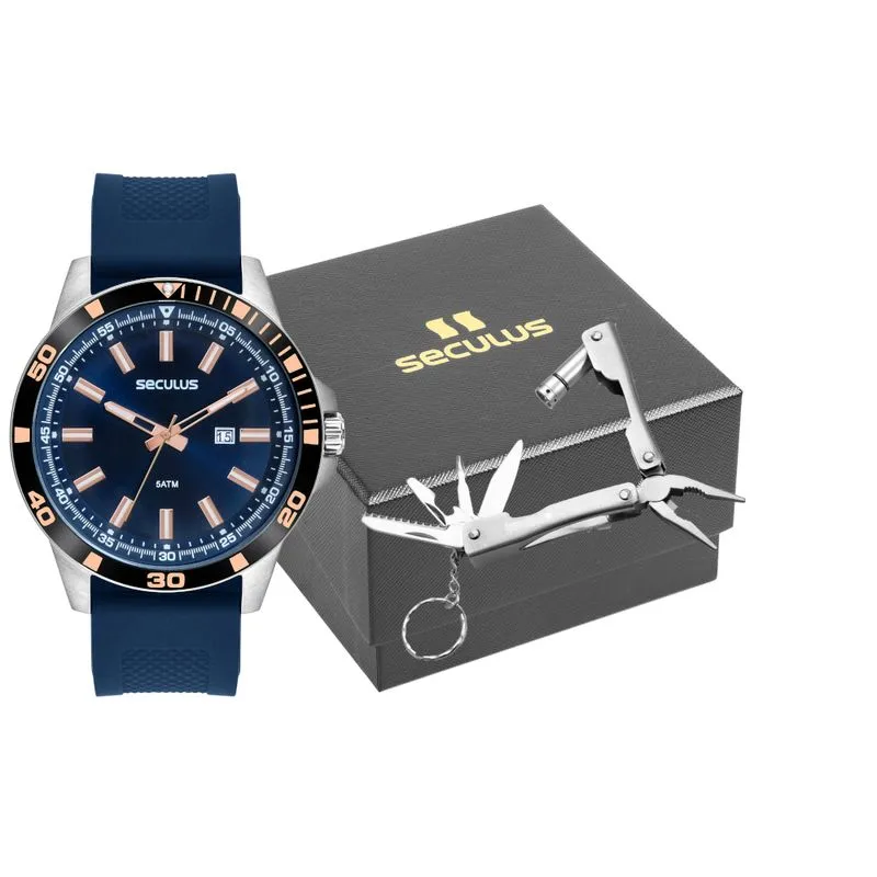 Kit Relógio Masculino Azul Pulseira de Silicone com Alicate