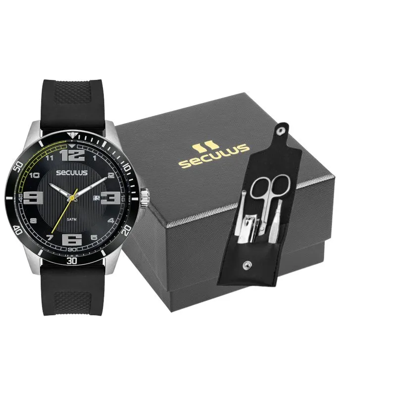 Kit Relógio Masculino Preto Pulseira de Silicone Kit Unhas