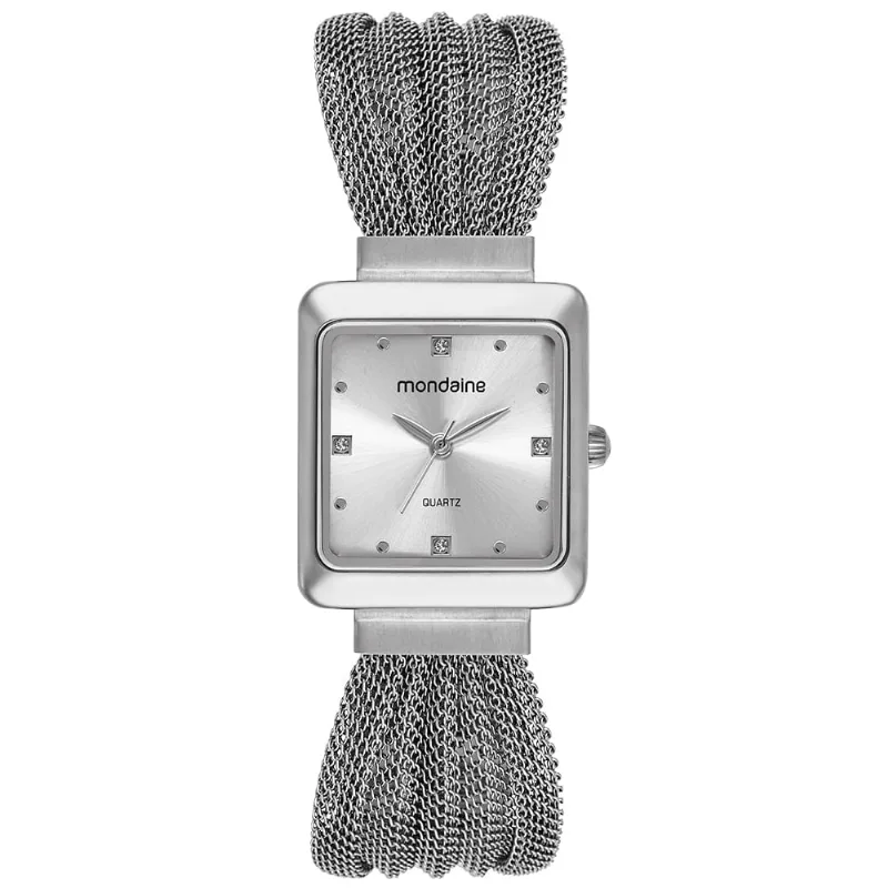 Relógio Feminino Prata Aço Quadrado 26mm Mostrador Prata