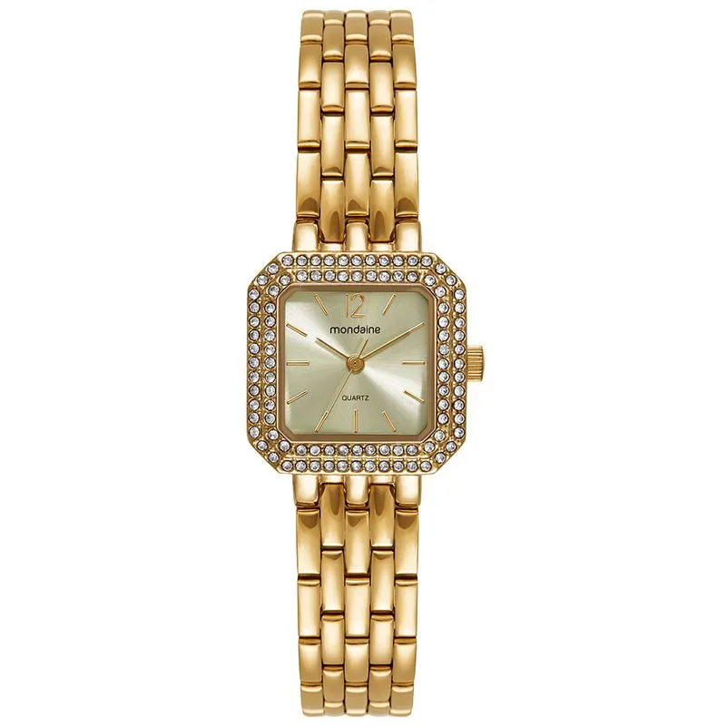 Relógio Feminino Quadrado Cristais Dourado Madreperola