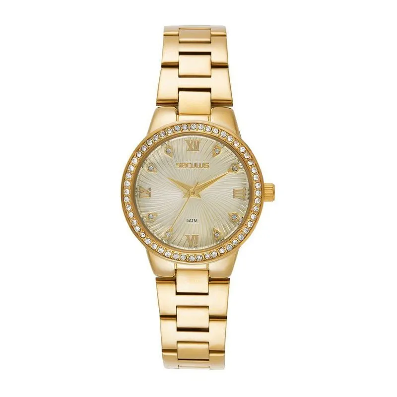 Relógio Feminino Analógico Dourado com Cristais Numeração Romana Aço Inox Séculus