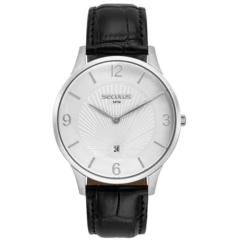 Relógio Masculino Clássico Prata Slim Pulseira Couro Croco