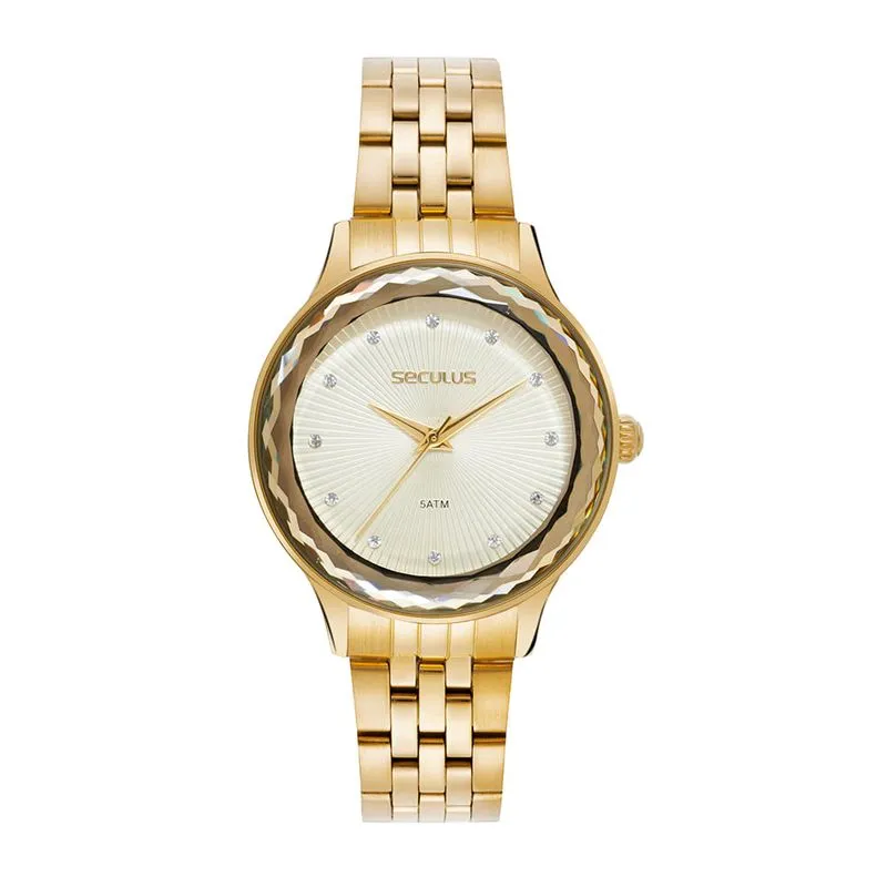 Relógio Feminino Analógico Dourado Dial em Cristais