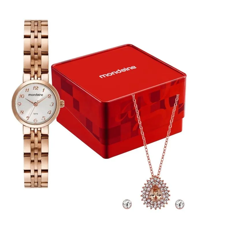 Kit Relógio Feminino Rose Gold Aço com Colar Kit Relógio Feminino Mondaine Rose Gold Aço com Colar