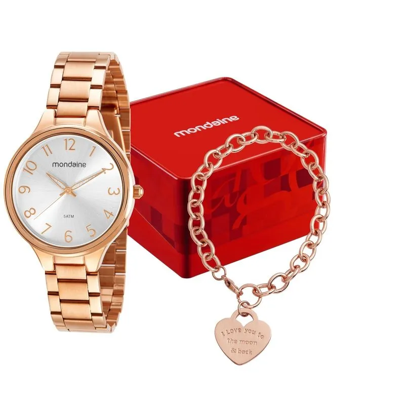 Kit Relógio Feminino Rose Gold com Pulseira Kit Relógio Feminino Mondaine Rose Gold com Pulseira