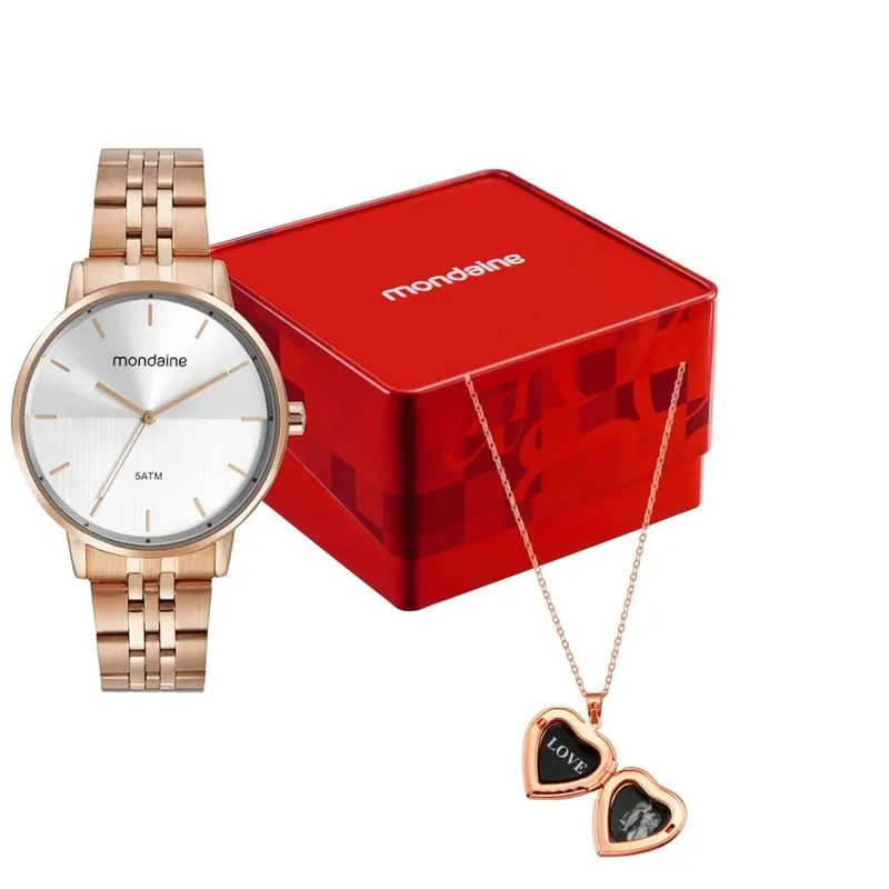 Kit Relógio Feminino Aço Analogico com Colar Kit Relógio Feminino Mondaine Aço Analogico com Colar