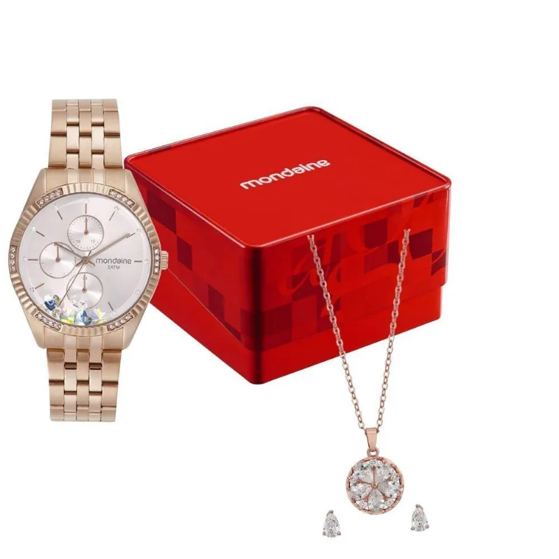 Relógio Feminino Glitter Coração Rose Gold Analógico Aço Inox Rosê Mondaine