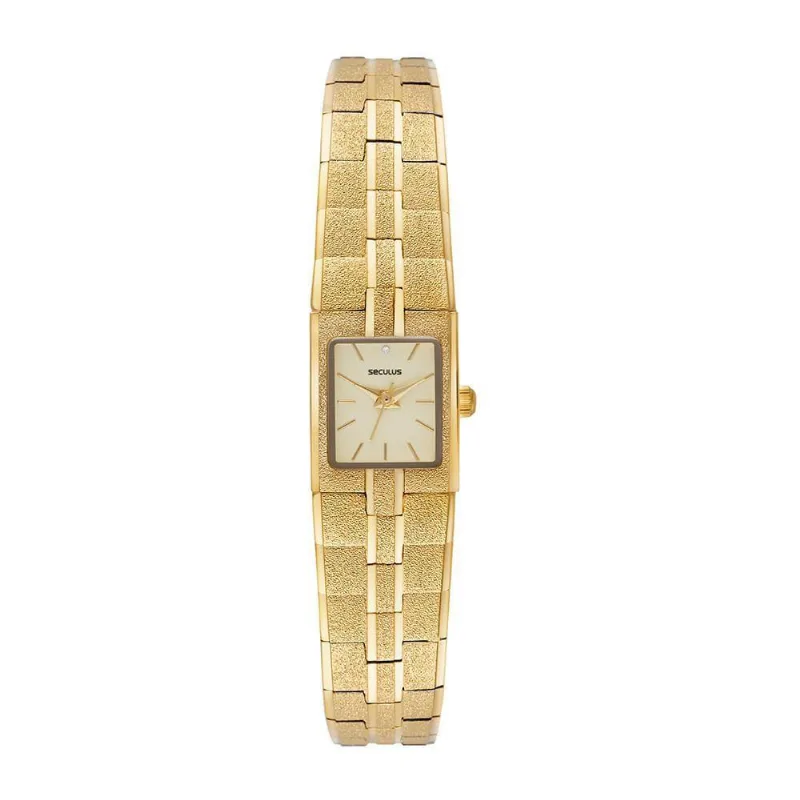 Relógio Feminino Analógico Sofisticado em Metal Dourado com Mostrador Champagne Séculus