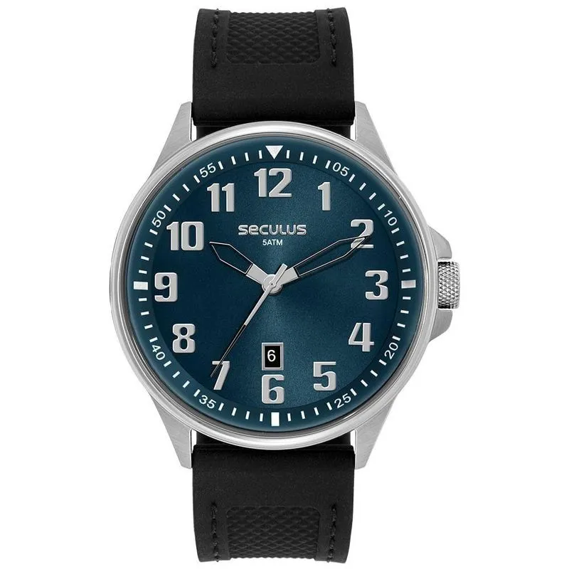 Relógio Masculino Visor Amplo Analógico em Silicone Azul com Cristal Mineral Séculus 48MM
