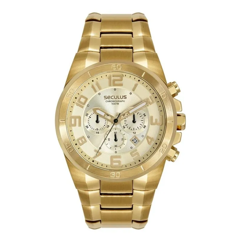 Relógio Seculus Masculino Cronógrafo Dourado