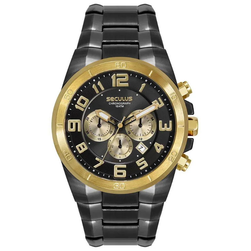 Relógio Masculino Cronógrafo Aço com Pulseira em Aço Inox e Dourado e Preto Séculus