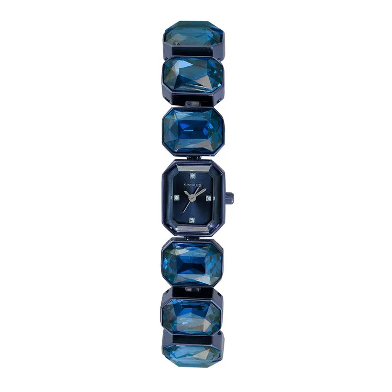 Relógio Feminino Azul Retangular Pulseira Pedras Facetadas