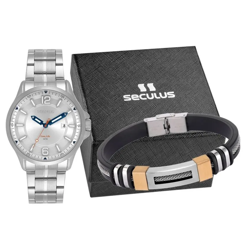 Kit Relógio Masculino Analógico Prata com Pulseira