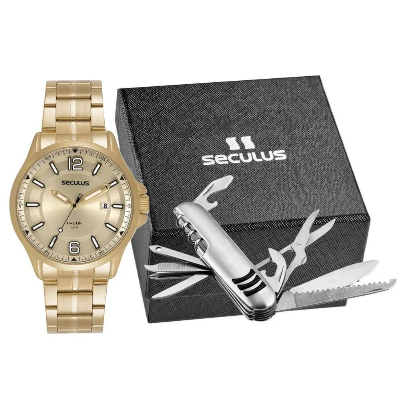 Relógio Masculino Kit Analógico com Canivete Aço Inox Dourado Séculus