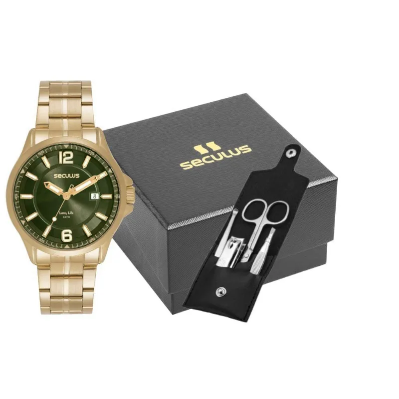 Relógio Masculino Kit Analógico Aço Inox Mostrador Verde com Kit Manicure Séculus