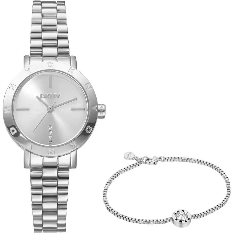 Relógio Dkny Feminino Prateado + Semijóia