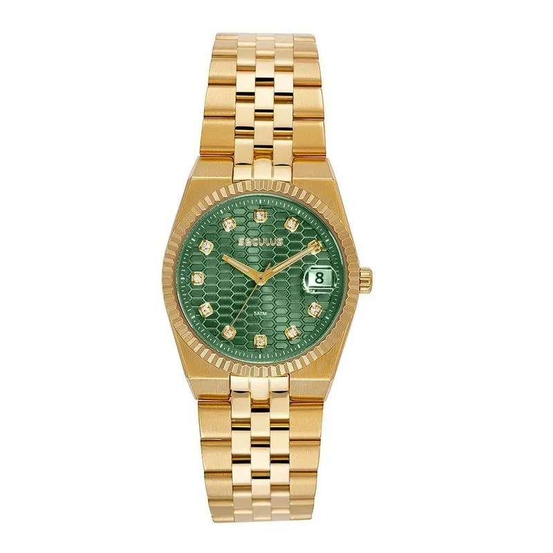 Relógio Feminino Classic Fem Analógico Aço Inox Verde Dourado Séculus