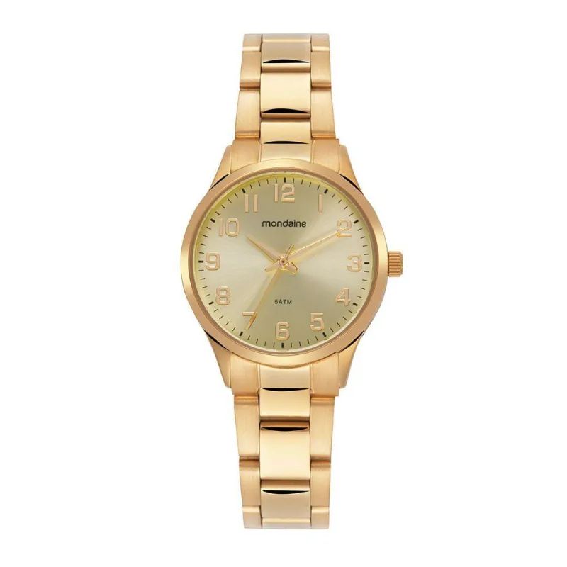 Relógio Feminino Numeração Completa Clássico em Aço Inox Dourado Mondaine 32MM